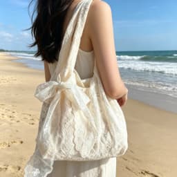 Vintage Soft Lace Large Capacity Tote Bag with Delicate Bow Accent Cream Shoulder Purse for Women Beach Summer Underarm Bag Use