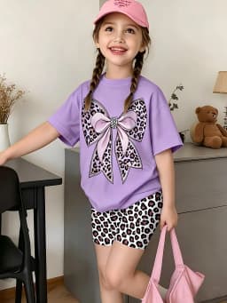 Girls Short Sleeve Crew Neck T-Shirt + Shorts Set Leopard Bow Print Casual Cute Kids Daily Outfit Ages 1-14