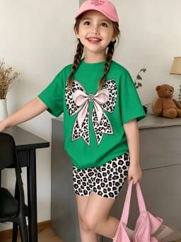 Girls Short Sleeve Crew Neck T-Shirt + Shorts Set Leopard Bow Print Casual Cute Kids Daily Outfit Ages 1-14
