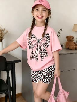 Girls Short Sleeve Crew Neck T-Shirt + Shorts Set Leopard Bow Print Casual Cute Kids Daily Outfit Ages 1-14