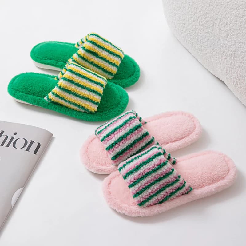 Fluffy Women's Slippers Home Striped Colourful Designer Woman Shoes Flats Autumn Winter Indoor Fuzzy Fur Slides Non-Slip Unisex