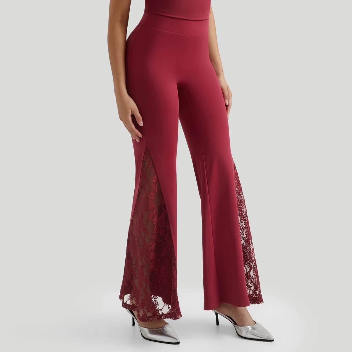 Women High Waist Long Pants Femme Seamed Hip Lifting Sexy Lace Patchwork Streetwear Casual Vintage Wid Leg Trousers Flare Pants