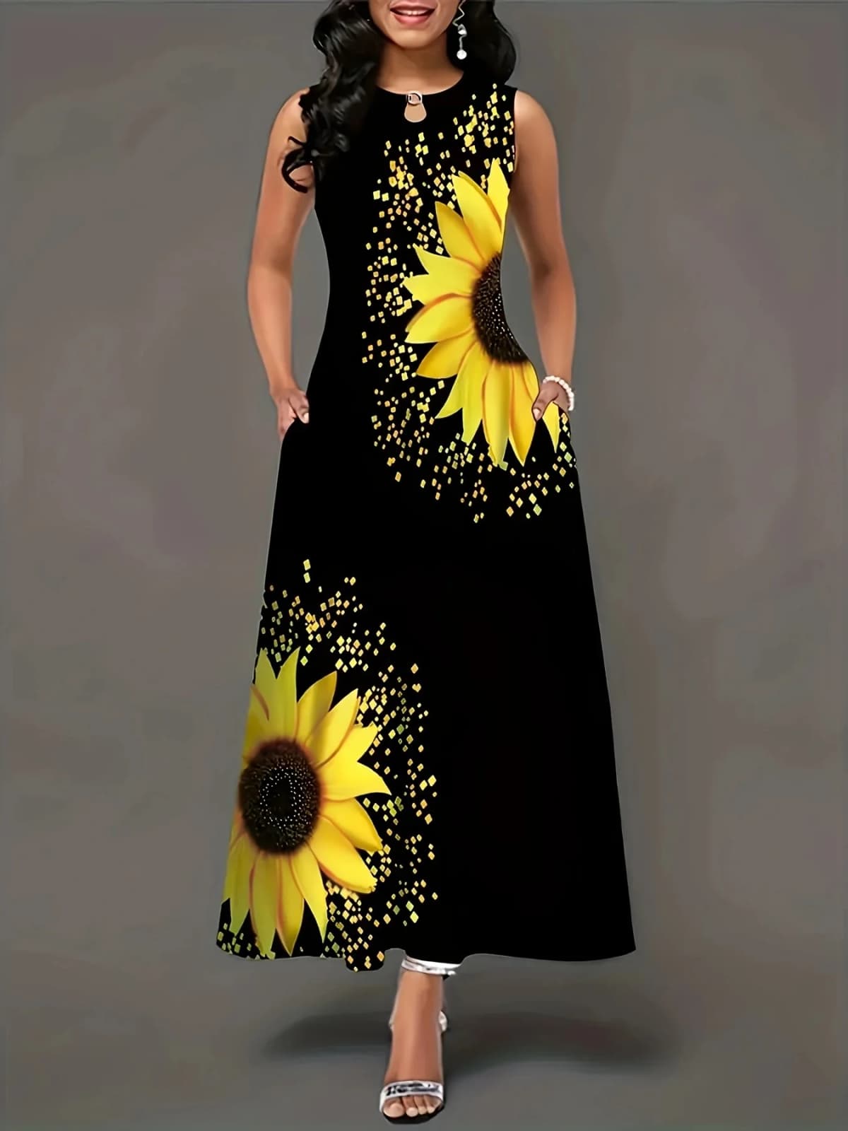 Large size European and American style sunflower print sleeveless long skirt, black round tie pocket, loose casual dress