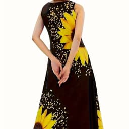 Large size European and American style sunflower print sleeveless long skirt, black round tie pocket, loose casual dress