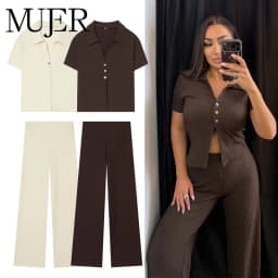 MUJER Textured Women's Pants Sets Casual Straight Leg Pants Set 2 Piece Woman Summer Outfit Mid Waist Women's Top and Bottom Set
