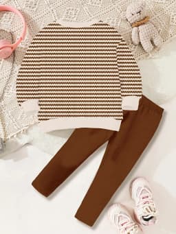 Kids Girls 2-Piece Casual Set, Brown & White Wavy Striped Flower Print Sweatshirt + Solid Brown Leggings Loungewear Outfit