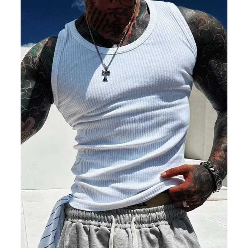 100% Cotton Tank Top Mens Solid O-neck Ribbed Sleeveless Breathable Bodybuilding T Shirt Sportswear Singlets Elastic Casual Vest