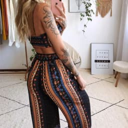 European and American vacation style butterfly print two-piece sleeveless suspender+high waist wide leg pants Bohemian set