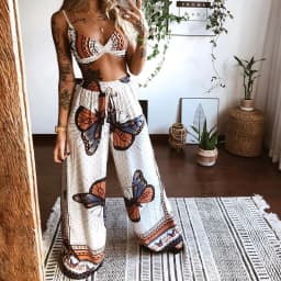 European and American vacation style butterfly print two-piece sleeveless suspender+high waist wide leg pants Bohemian set