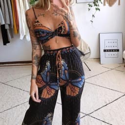 European and American vacation style butterfly print two-piece sleeveless suspender+high waist wide leg pants Bohemian set