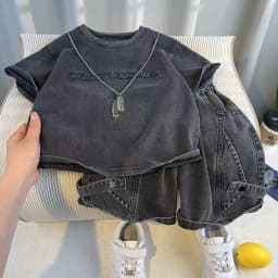 Toddler Boys 2Pcs Summer Outfits Letter Short Sleeve T-Shirt Washed Denim Shorts Set Kids Boys Casual Streetwear Clothes 2-6Year