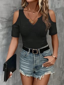 Women's Solid-Color Off-the-Shoulder V-Neck Fitted Short-Sleeve T-Shirt