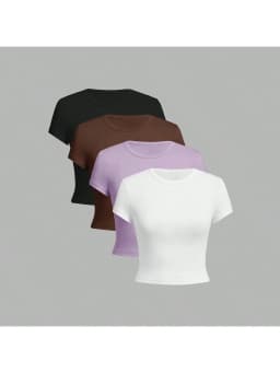 4PC-2026 Casual and Elegant Women's Style - Four Color Round Neck Short Sleeved Solid Color Tight Short T-Shirt 4-Piece Set