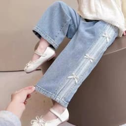 Girls Bow Print Denim Pants New BlingBling Diamond Jeans Children Clothes Kids Straight Wide-legged Pants Loose Trousers 2-8 Yea