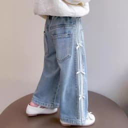 Girls Bow Print Denim Pants New BlingBling Diamond Jeans Children Clothes Kids Straight Wide-legged Pants Loose Trousers 2-8 Yea