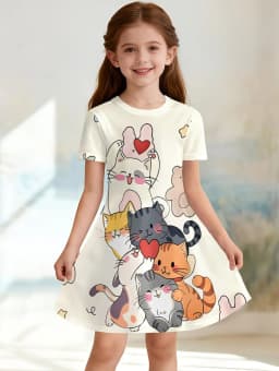 Girl Clothes Cartoon Cat Graphic Printed Girls' Princess Dress Summer Casual Dress for Girls Outfit O-Neck Birthday Gift Clothes