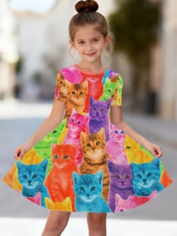 Girl Clothes Cartoon Cat Graphic Printed Girls' Princess Dress Summer Casual Dress for Girls Outfit O-Neck Birthday Gift Clothes