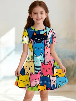 Girl Clothes Cartoon Cat Graphic Printed Girls' Princess Dress Summer Casual Dress for Girls Outfit O-Neck Birthday Gift Clothes