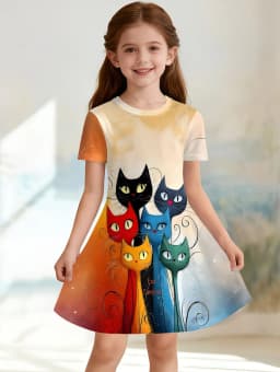 Girl Clothes Cartoon Cat Graphic Printed Girls' Princess Dress Summer Casual Dress for Girls Outfit O-Neck Birthday Gift Clothes