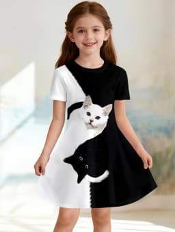 Girl Clothes Cartoon Cat Graphic Printed Girls' Princess Dress Summer Casual Dress for Girls Outfit O-Neck Birthday Gift Clothes