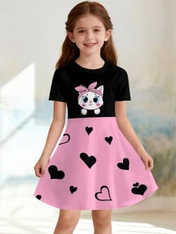 Girl Clothes Cartoon Cat Graphic Printed Girls' Princess Dress Summer Casual Dress for Girls Outfit O-Neck Birthday Gift Clothes
