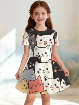 Girl Clothes Cartoon Cat Graphic Printed Girls' Princess Dress Summer Casual Dress for Girls Outfit O-Neck Birthday Gift Clothes