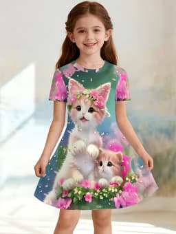 Girl Clothes Cartoon Cat Graphic Printed Girls' Princess Dress Summer Casual Dress for Girls Outfit O-Neck Birthday Gift Clothes