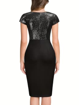 Women Summer Sexy V-neck Short Sleeved Knee Length Dress Chest Sequinr Nightclub Cocktail Party Slit Pencil Dress