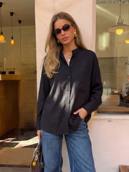 HH Womens Minimalist Black Stand Collar Shirt Oversized Long Sleeve Button Up Office Workwear Business Casual Daily Clothing