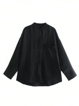 HH Womens Minimalist Black Stand Collar Shirt Oversized Long Sleeve Button Up Office Workwear Business Casual Daily Clothing