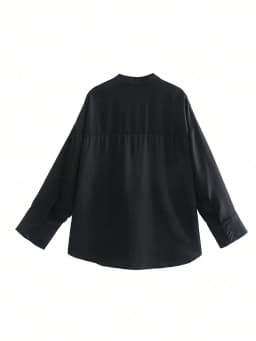 HH Womens Minimalist Black Stand Collar Shirt Oversized Long Sleeve Button Up Office Workwear Business Casual Daily Clothing