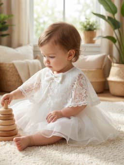 Toddler Girls White Lace Tulle Dress Short Sleeve Bow Party Dress For Birthday Wedding Flower Girl Christening Summer Photoshoot