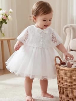 Toddler Girls White Lace Tulle Dress Short Sleeve Bow Party Dress For Birthday Wedding Flower Girl Christening Summer Photoshoot