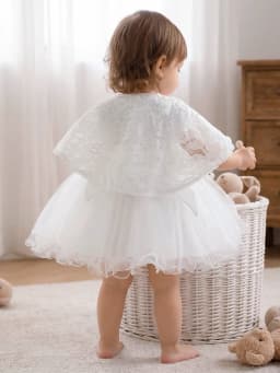 Toddler Girls White Lace Tulle Dress Short Sleeve Bow Party Dress For Birthday Wedding Flower Girl Christening Summer Photoshoot