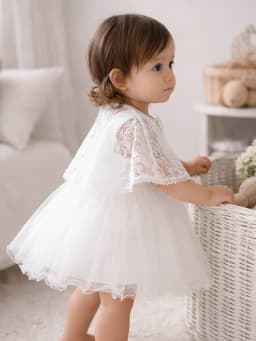 Toddler Girls White Lace Tulle Dress Short Sleeve Bow Party Dress For Birthday Wedding Flower Girl Christening Summer Photoshoot