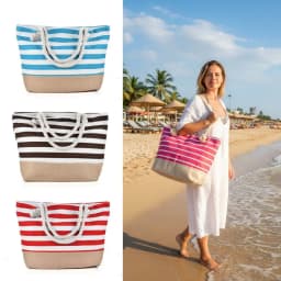 Striped Beach Tote Bag Large Capacity Canvas Shoulder Bag Foldable Zipper Travel Handbag For Travel Work Beach Gym Store