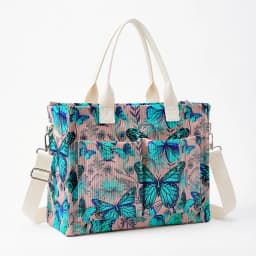 Vibrant Teal Butterfly & Floral Print Corduroy Tote Bag Large Capacity Multi Pocket Nature Lover Commuter Shoulder Bag