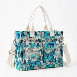 Vibrant Teal Butterfly & Floral Print Corduroy Tote Bag Large Capacity Multi Pocket Nature Lover Commuter Shoulder Bag