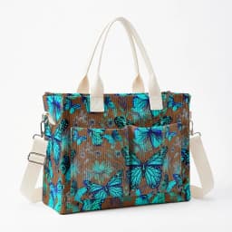 Vibrant Teal Butterfly & Floral Print Corduroy Tote Bag Large Capacity Multi Pocket Nature Lover Commuter Shoulder Bag