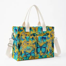 Vibrant Teal Butterfly & Floral Print Corduroy Tote Bag Large Capacity Multi Pocket Nature Lover Commuter Shoulder Bag