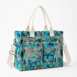 Vibrant Teal Butterfly & Floral Print Corduroy Tote Bag Large Capacity Multi Pocket Nature Lover Commuter Shoulder Bag
