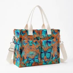 Vibrant Teal Butterfly & Floral Print Corduroy Tote Bag Large Capacity Multi Pocket Nature Lover Commuter Shoulder Bag