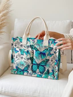 Vibrant Teal Butterfly & Floral Print Corduroy Tote Bag Large Capacity Multi Pocket Nature Lover Commuter Shoulder Bag