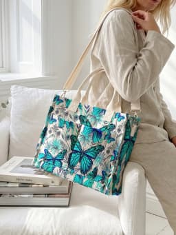 Vibrant Teal Butterfly & Floral Print Corduroy Tote Bag Large Capacity Multi Pocket Nature Lover Commuter Shoulder Bag