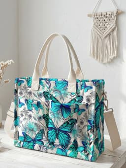 Vibrant Teal Butterfly & Floral Print Corduroy Tote Bag Large Capacity Multi Pocket Nature Lover Commuter Shoulder Bag