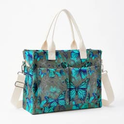 Vibrant Teal Butterfly & Floral Print Corduroy Tote Bag Large Capacity Multi Pocket Nature Lover Commuter Shoulder Bag