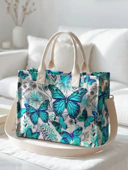 Vibrant Teal Butterfly & Floral Print Corduroy Tote Bag Large Capacity Multi Pocket Nature Lover Commuter Shoulder Bag