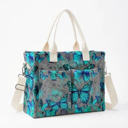 Vibrant Teal Butterfly & Floral Print Corduroy Tote Bag Large Capacity Multi Pocket Nature Lover Commuter Shoulder Bag