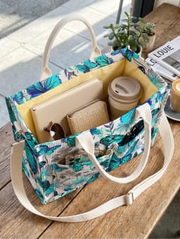 Vibrant Teal Butterfly & Floral Print Corduroy Tote Bag Large Capacity Multi Pocket Nature Lover Commuter Shoulder Bag