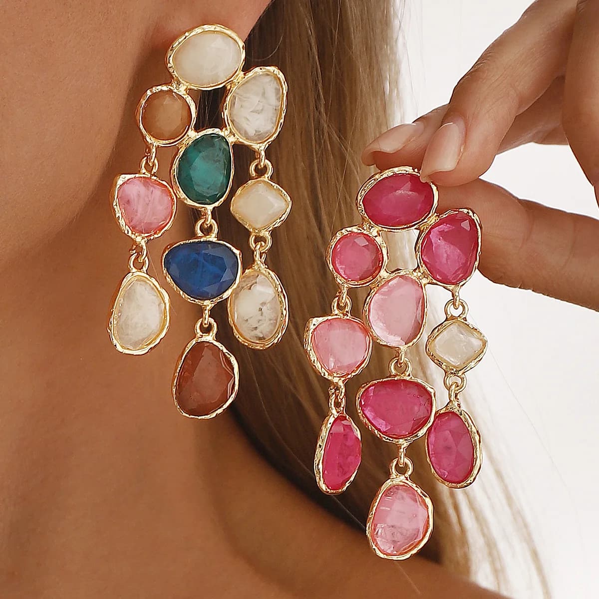 Bohemian-stylecolorful multi-layer gemstone tassel earrings ZA retro-inspired high-end resin ear accessories